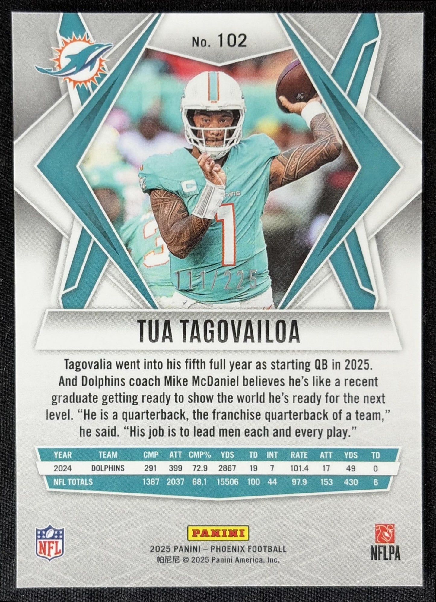 Tua Tagovailoa 2025 Panini Phoenix Lime Green Lava Prizm /225 Dolphins