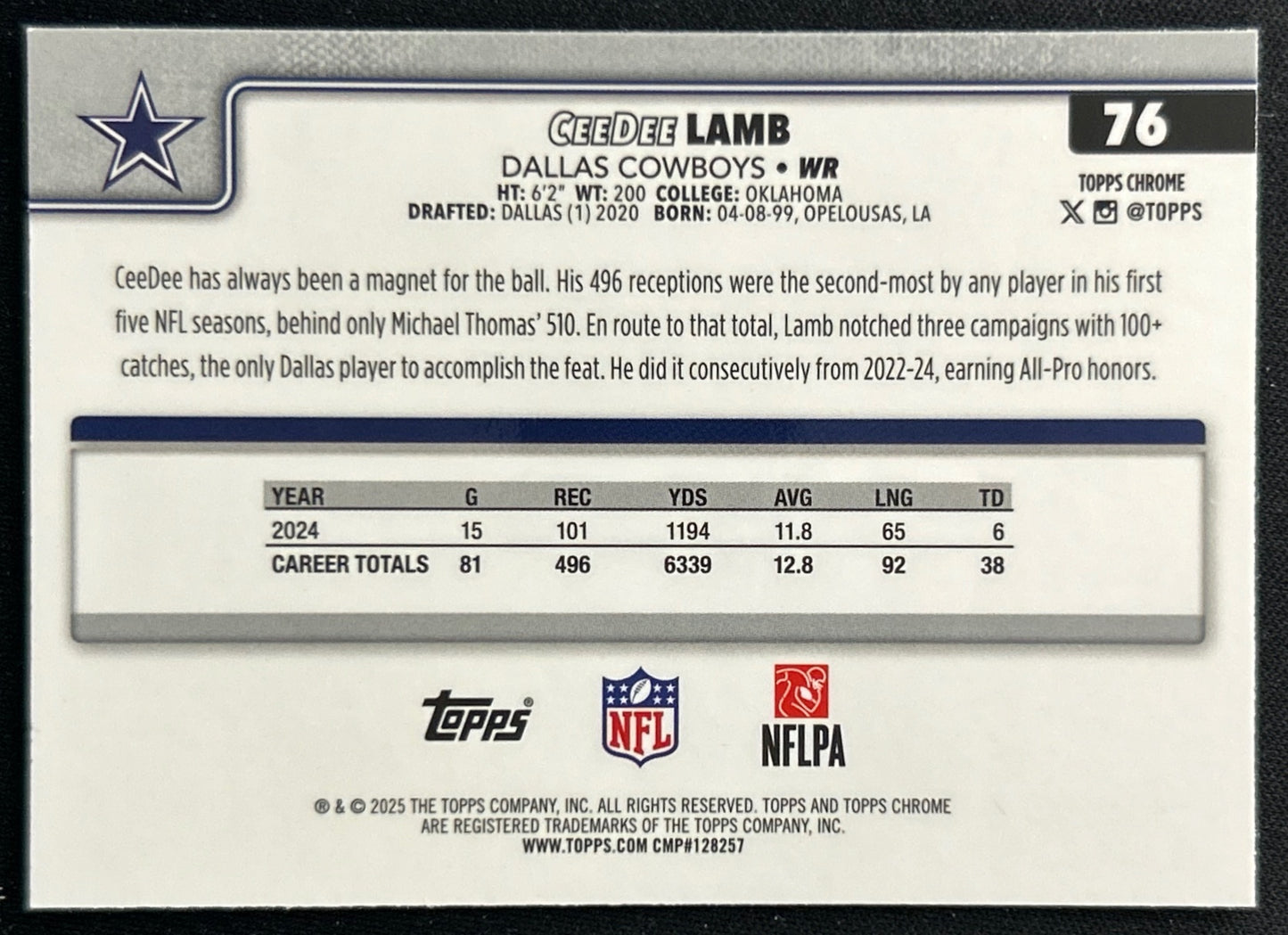 CeeDee Lamb 2025 Topps Chrome Cowboys Sports Trading Cards