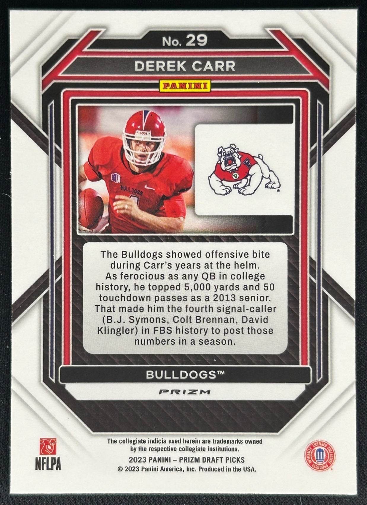 Derek Carr 2023 Panini Prizm Draft Picks Prizms Red Ice Saints Sports Trading Cards