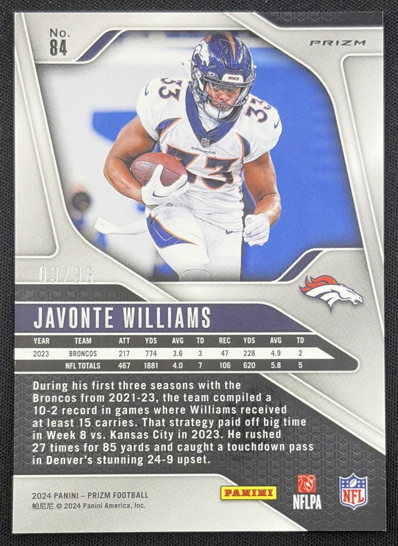 Javonte Williams 2024 Panini Prizm Blue Sparkle /96 Broncos