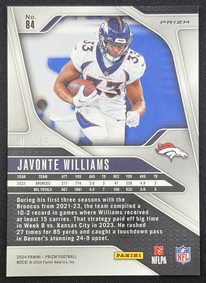 Javonte Williams 2024 Panini Prizm Blue Sparkle /96 Broncos