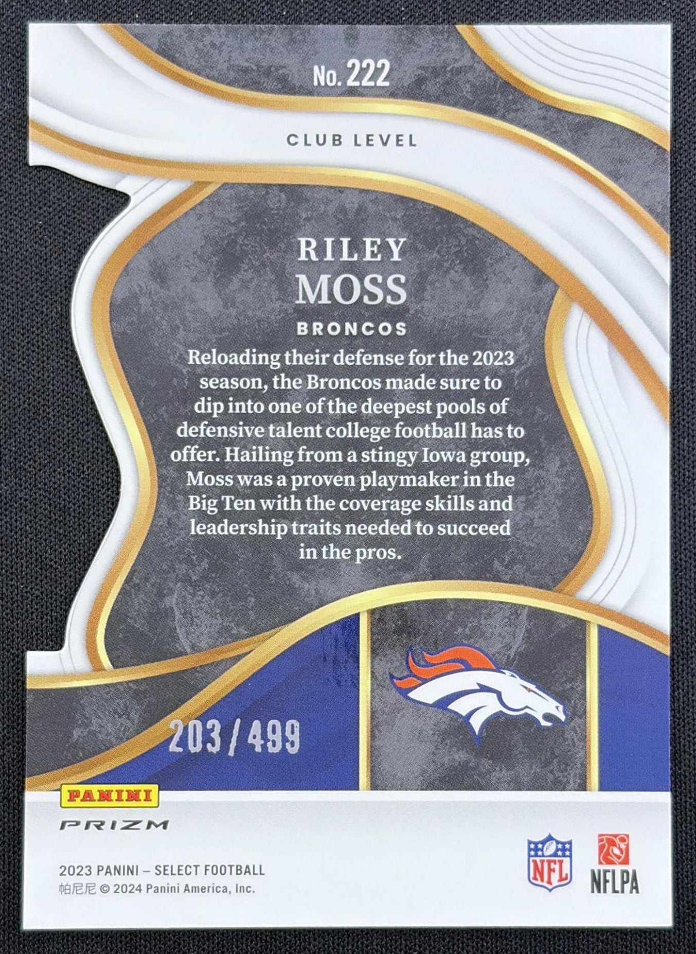 Riley Moss 2023 Panini Select Neon Green Prizms Die Cut /499 Broncos