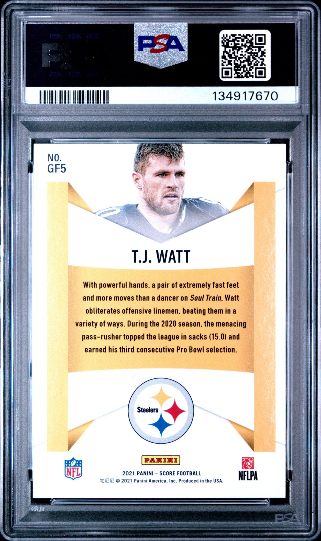 T.J. Watt 2021 Panini Score Game Face PSA 10 Steelers back