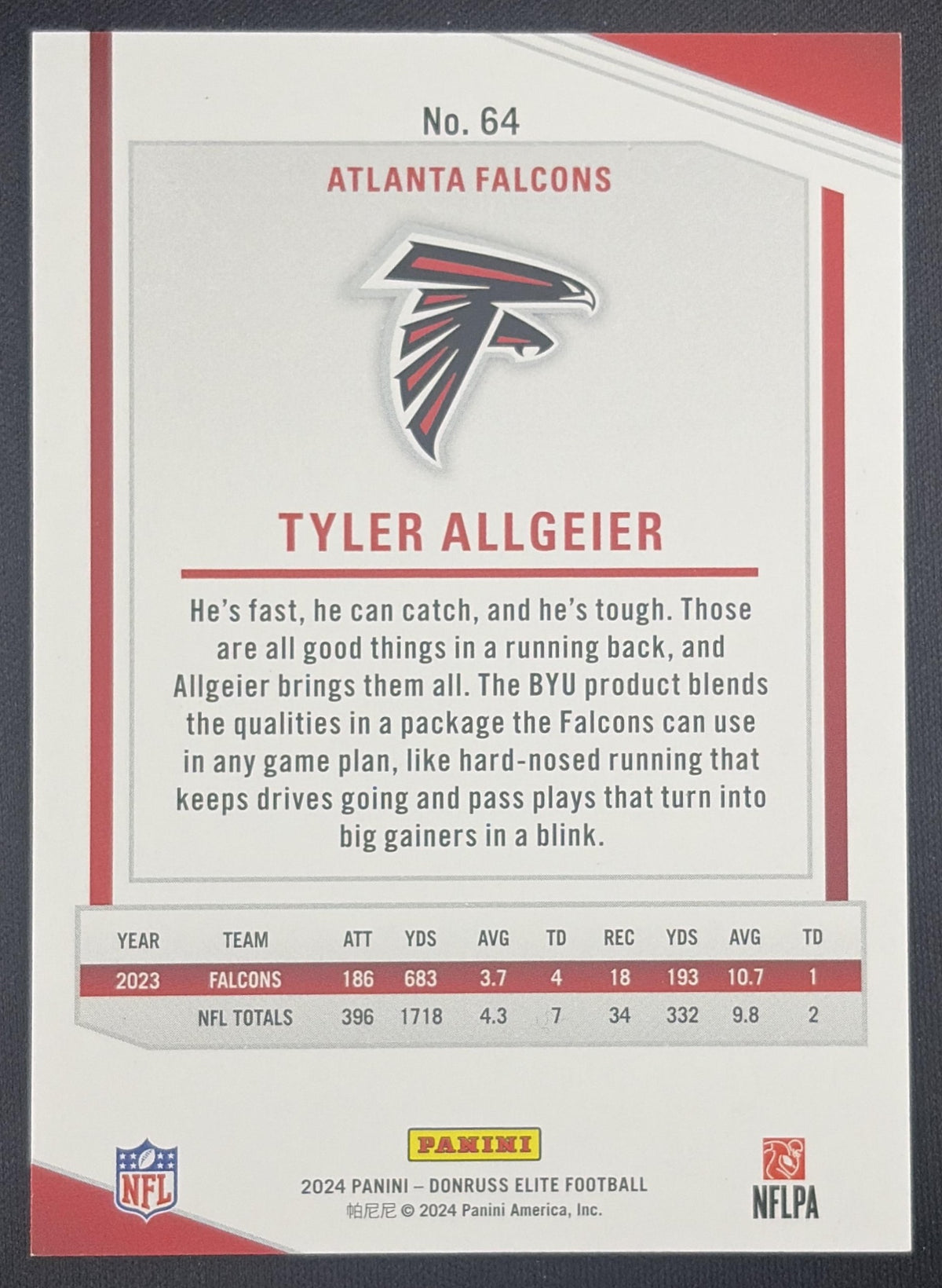 Tyler Allgeier 2024 Panini Donruss Elite Status Explosion /875 Falcons