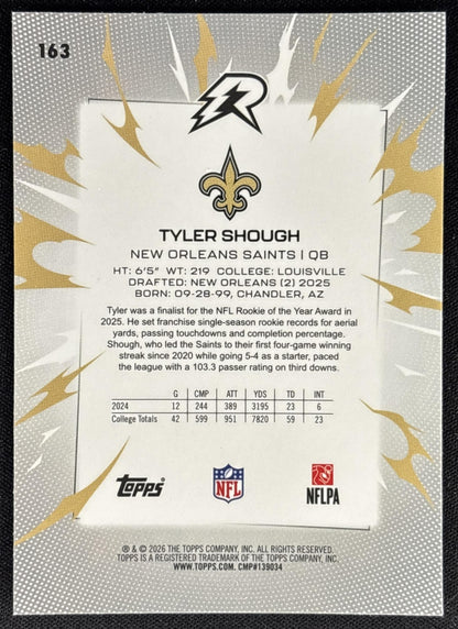 Tyler Shough 2025 Topps Resurgence Blue and Orange Spark Refractor Saints
