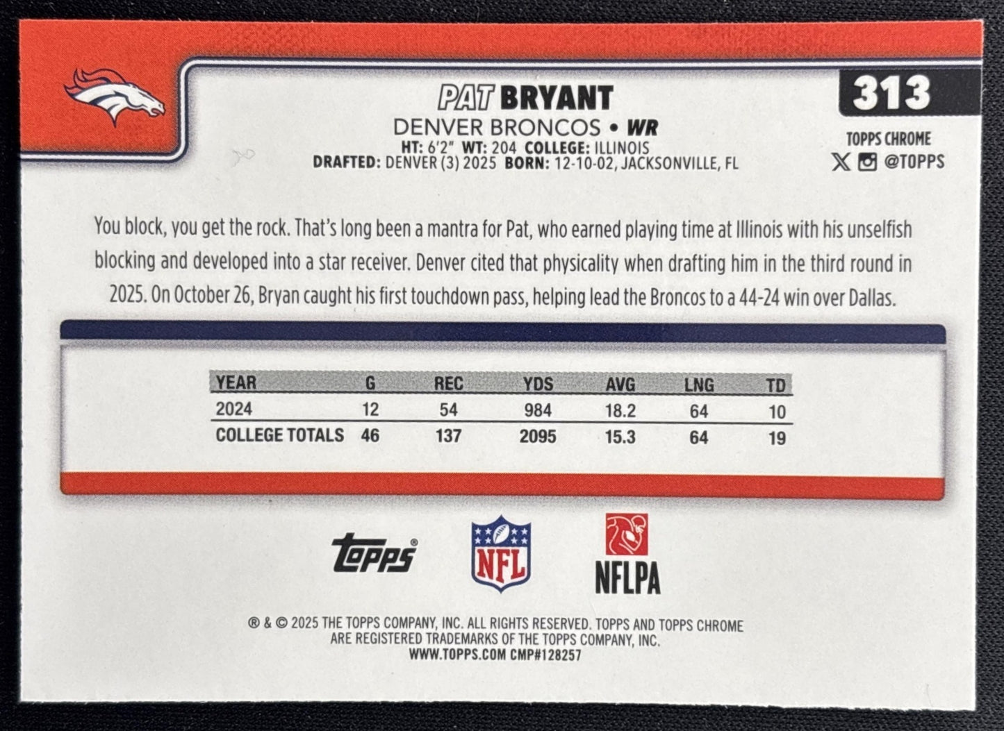 Pat Bryant 2025 Topps Chrome Sapphire Broncos Sports Trading Cards
