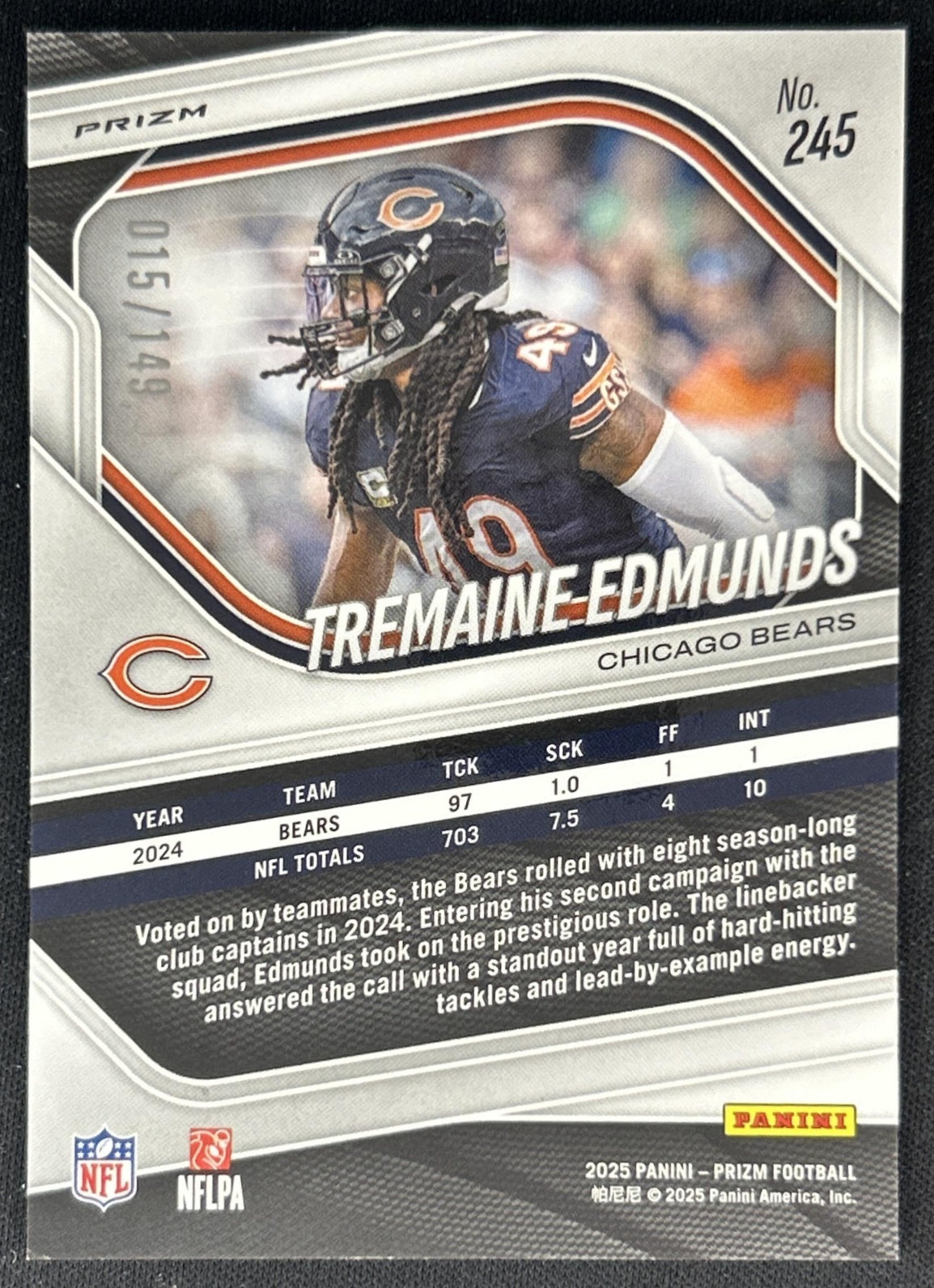 Tremaine Edmunds 2025 Panini Prizm Red Wave /149 Bears Back