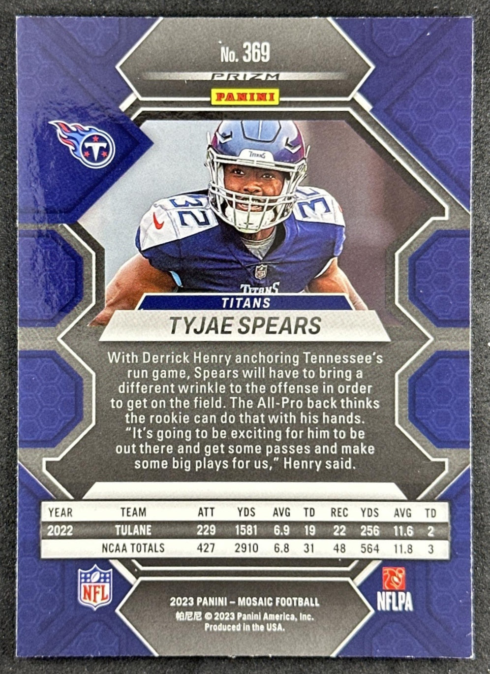 Tyjae Spears 2023 Panini Mosaic Green Mosaic Titans Sports Trading Cards