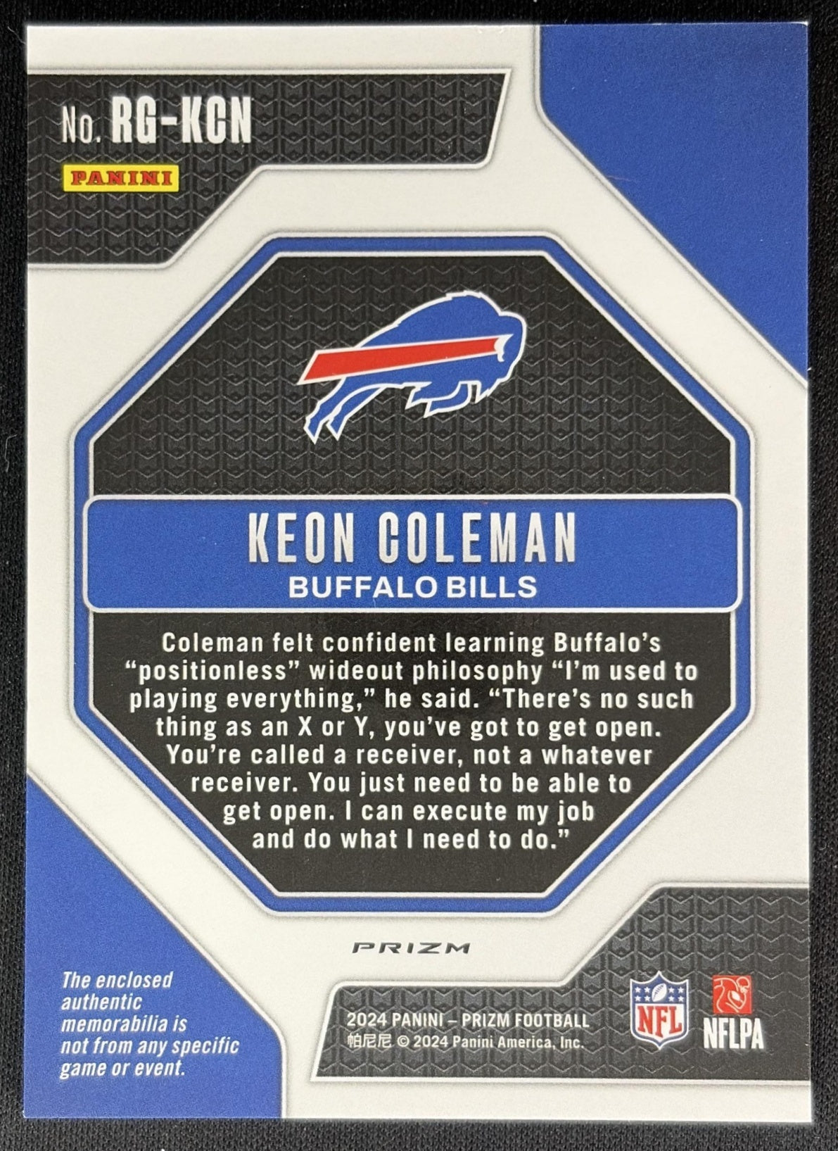 Keon Coleman 2024 Panini Prizm Rookie Gear Bills back