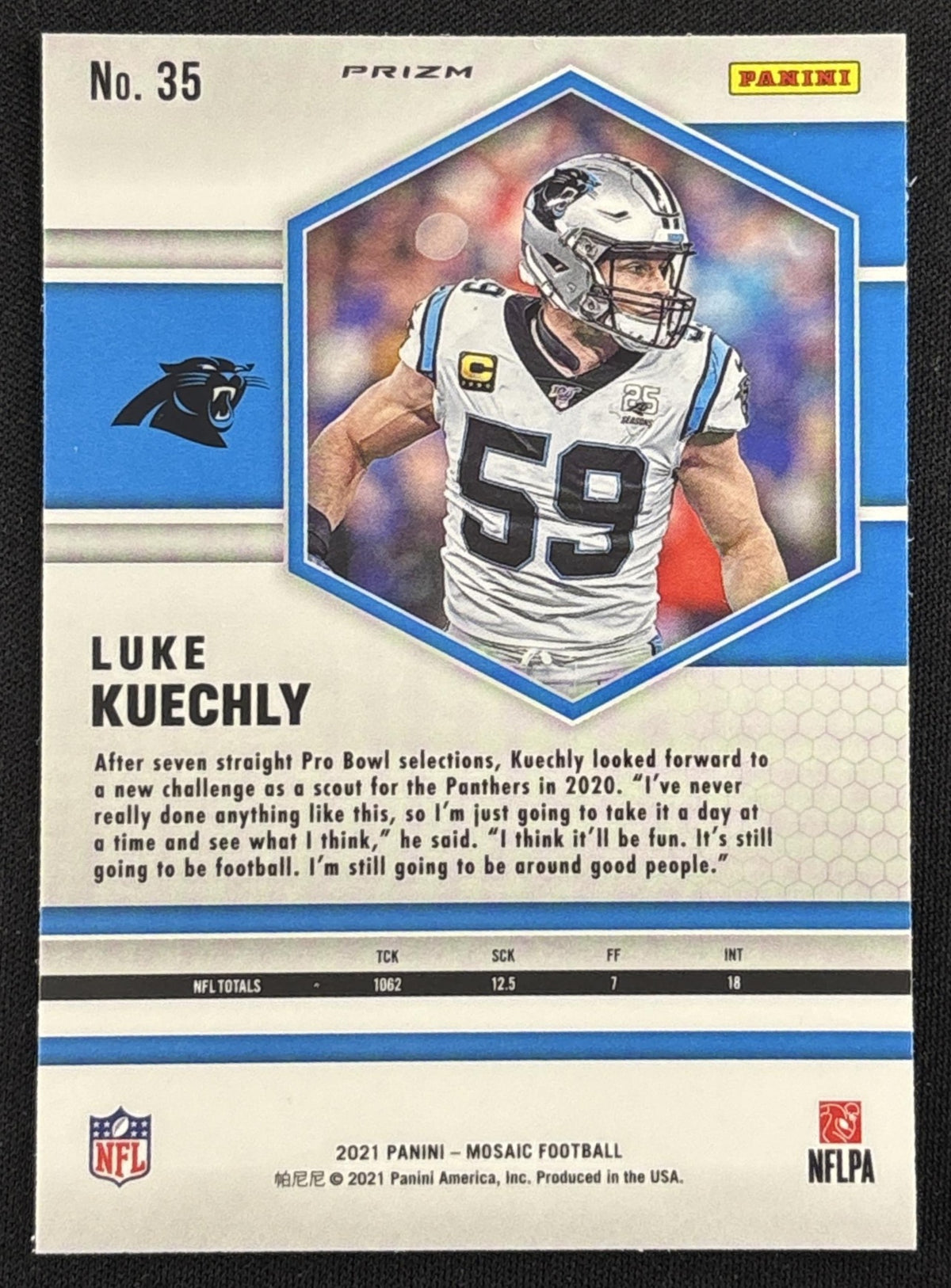 Luke Kuechly 2021 Panini Mosaic White Sparkle Prizm SSP Panthers sports trading card back