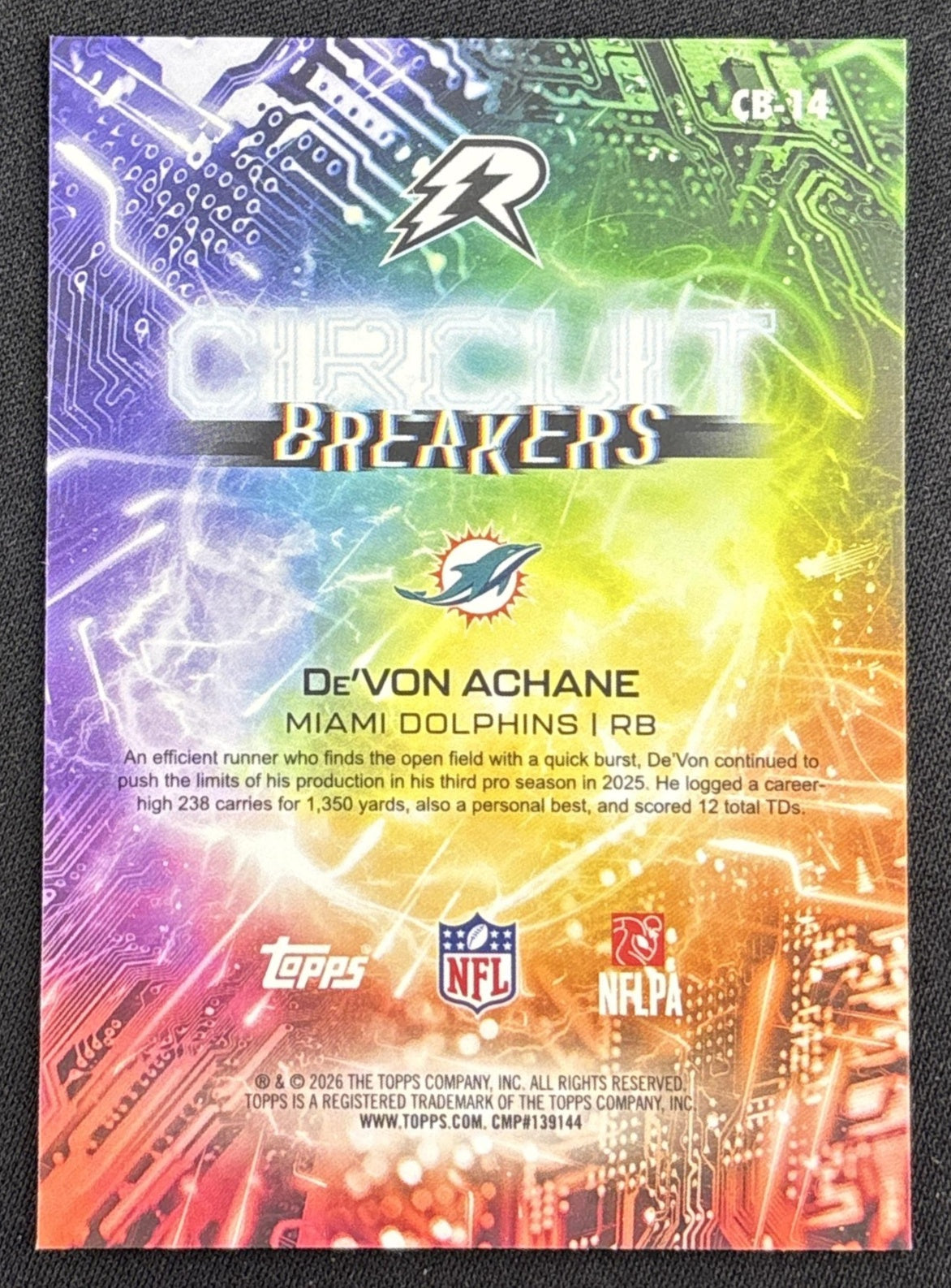 De'Von Achane 2025 Topps Resurgence Circuit Breakers Aqua Surge Refractor /250 Dolphins back