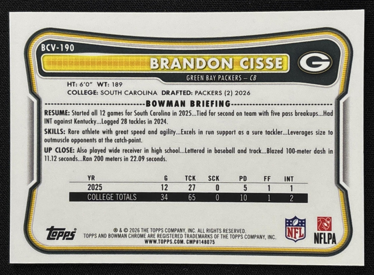 Brandon Cisse 2026 Bowman Chrome NFL Purple Mojo Refractor /75 Packers Sports Trading Card
