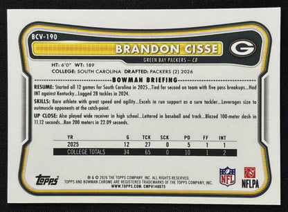 Brandon Cisse 2026 Bowman Chrome NFL Purple Mojo Refractor /75 Packers Sports Trading Card