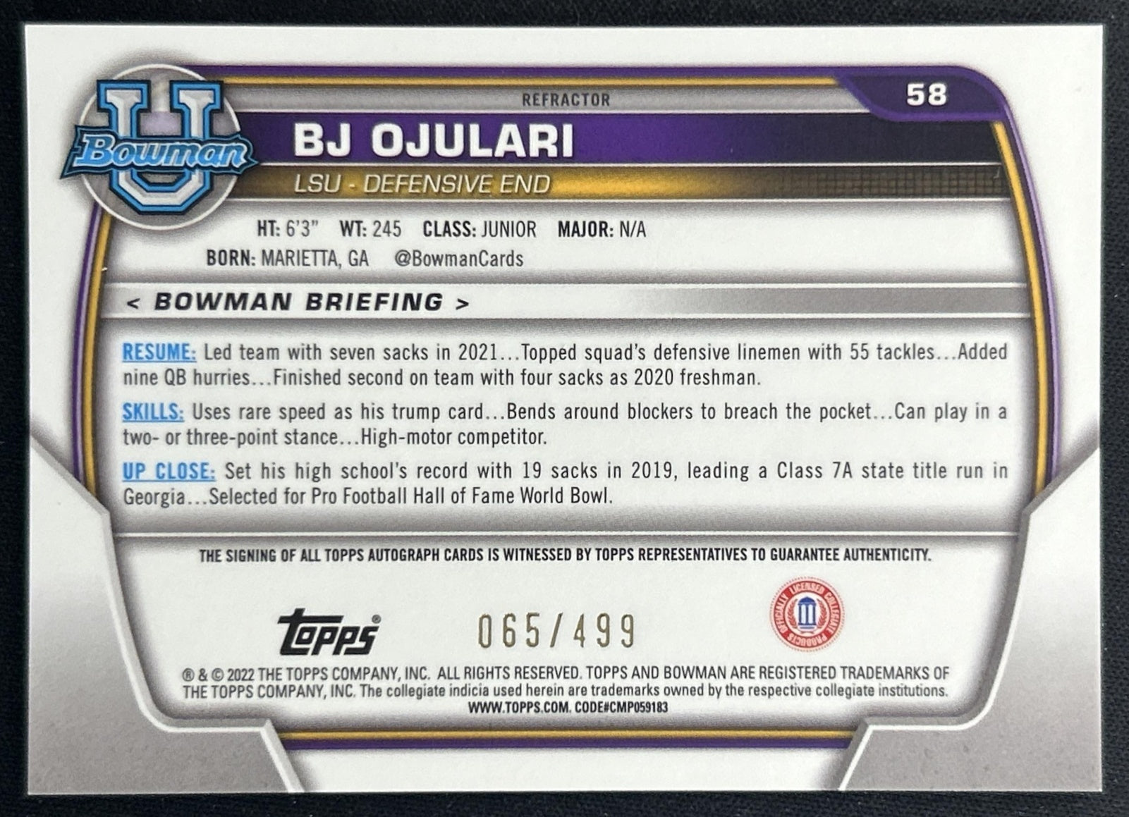 BJ Ojulari 2022 Bowman University Chrome Prospect Auto Refractor /499 Tigers Back