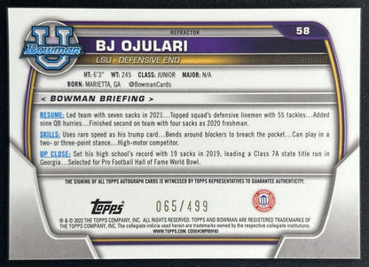 BJ Ojulari 2022 Bowman University Chrome Prospect Auto Refractor /499 Tigers Back