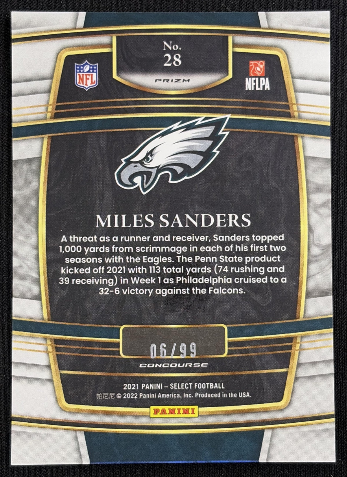Miles Sanders 2021 Panini Select Red Prizm /99 Eagles - Back