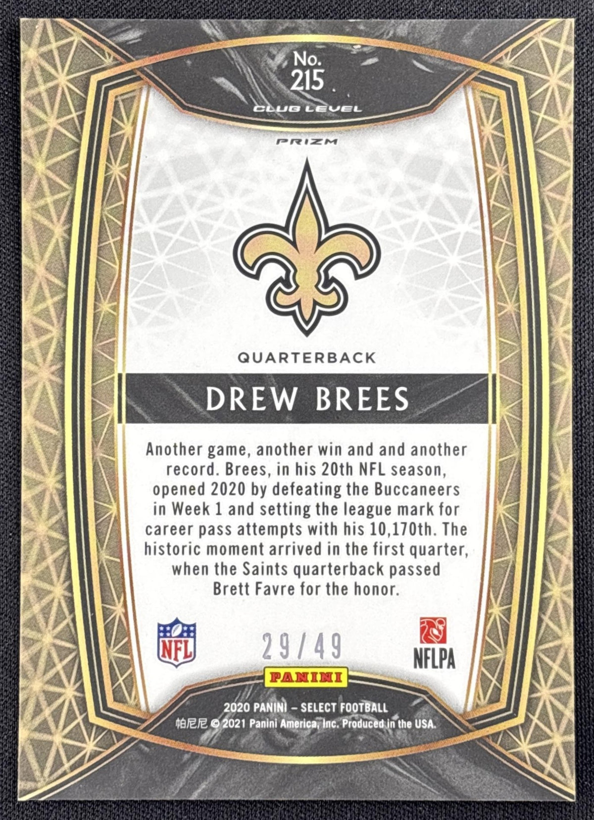 Drew Brees 2020 Panini Select Disco Red Prizm /49 Saints - back