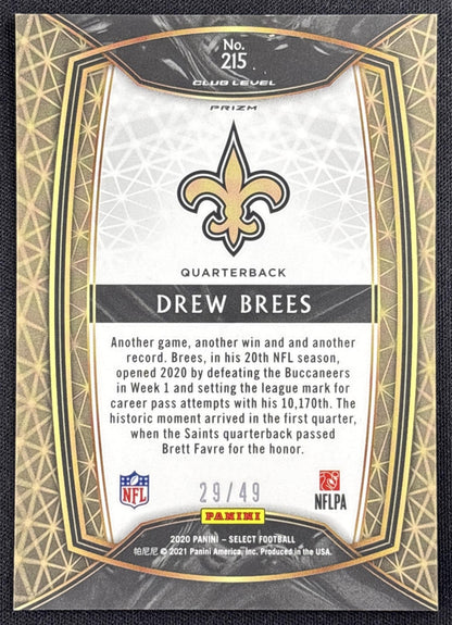 Drew Brees 2020 Panini Select Disco Red Prizm /49 Saints - back