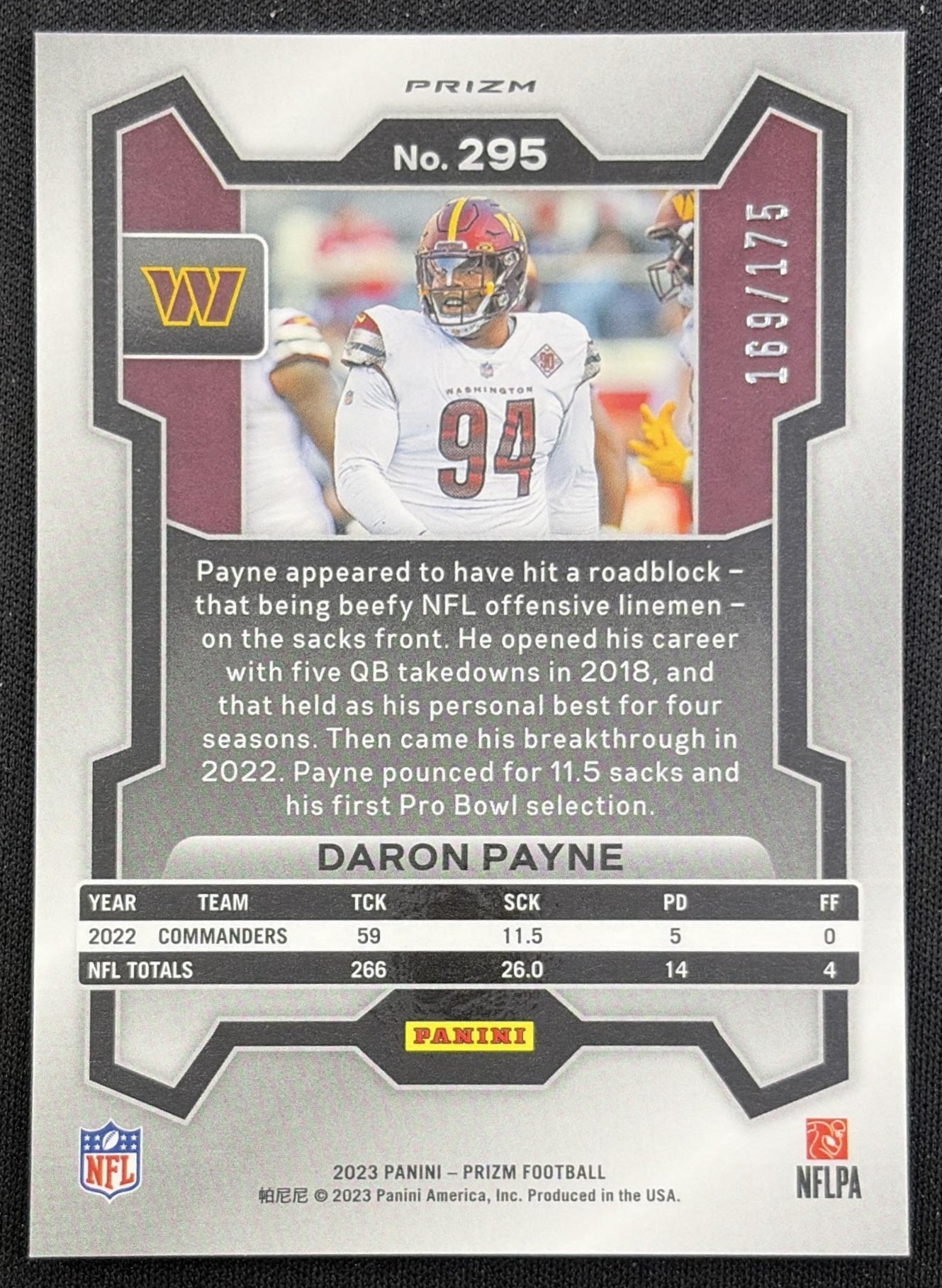 Daron Payne 2023 Panini Prizm Hyper /175 Commanders