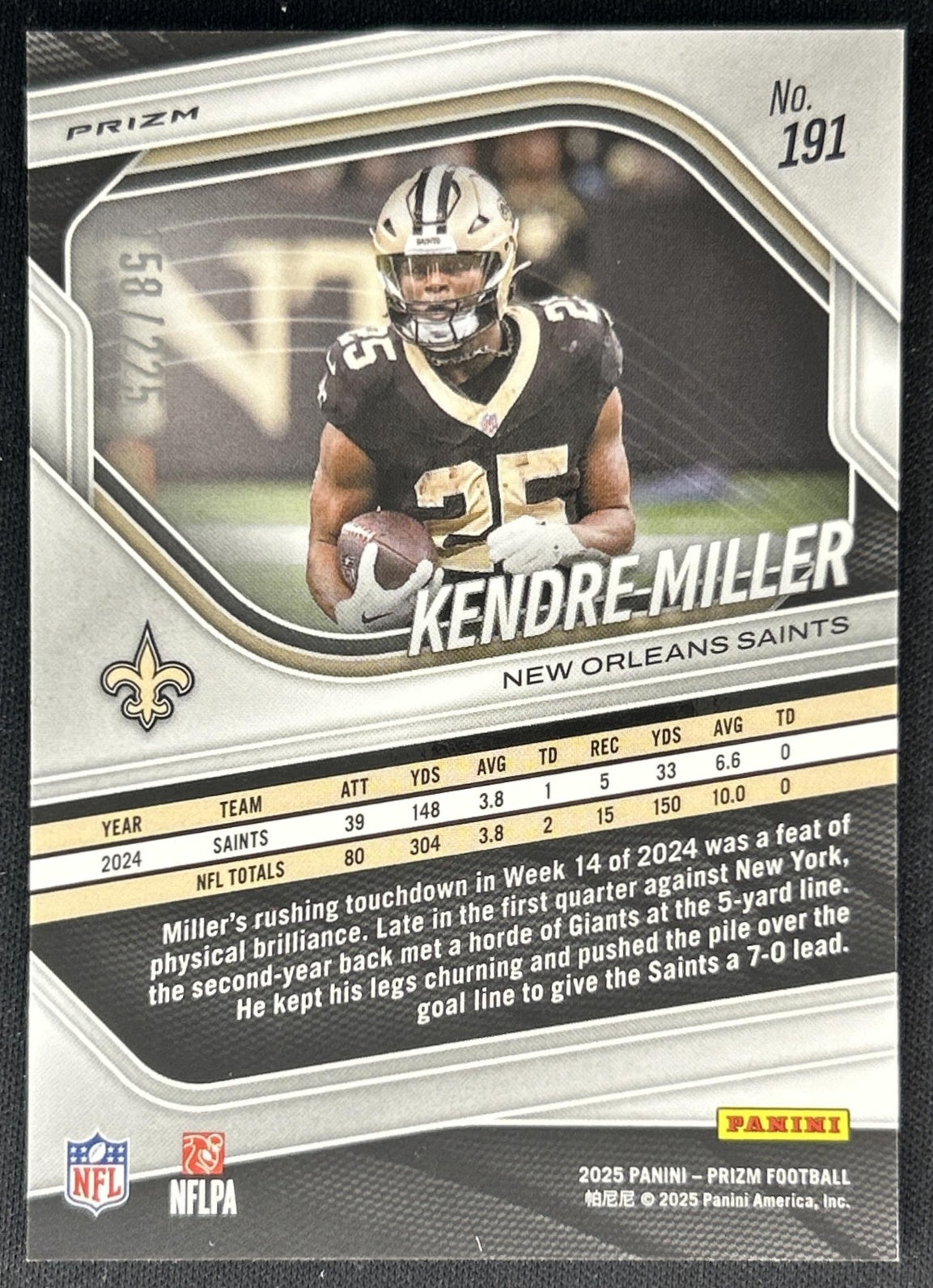 Kendre Miller 2025 Panini Prizm Purple Ice /225 Saints Back