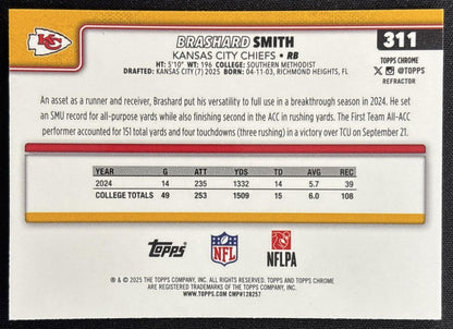 Brashard Smith 2025 Topps Chrome Rookie Refractor Chiefs Sports Trading Cards