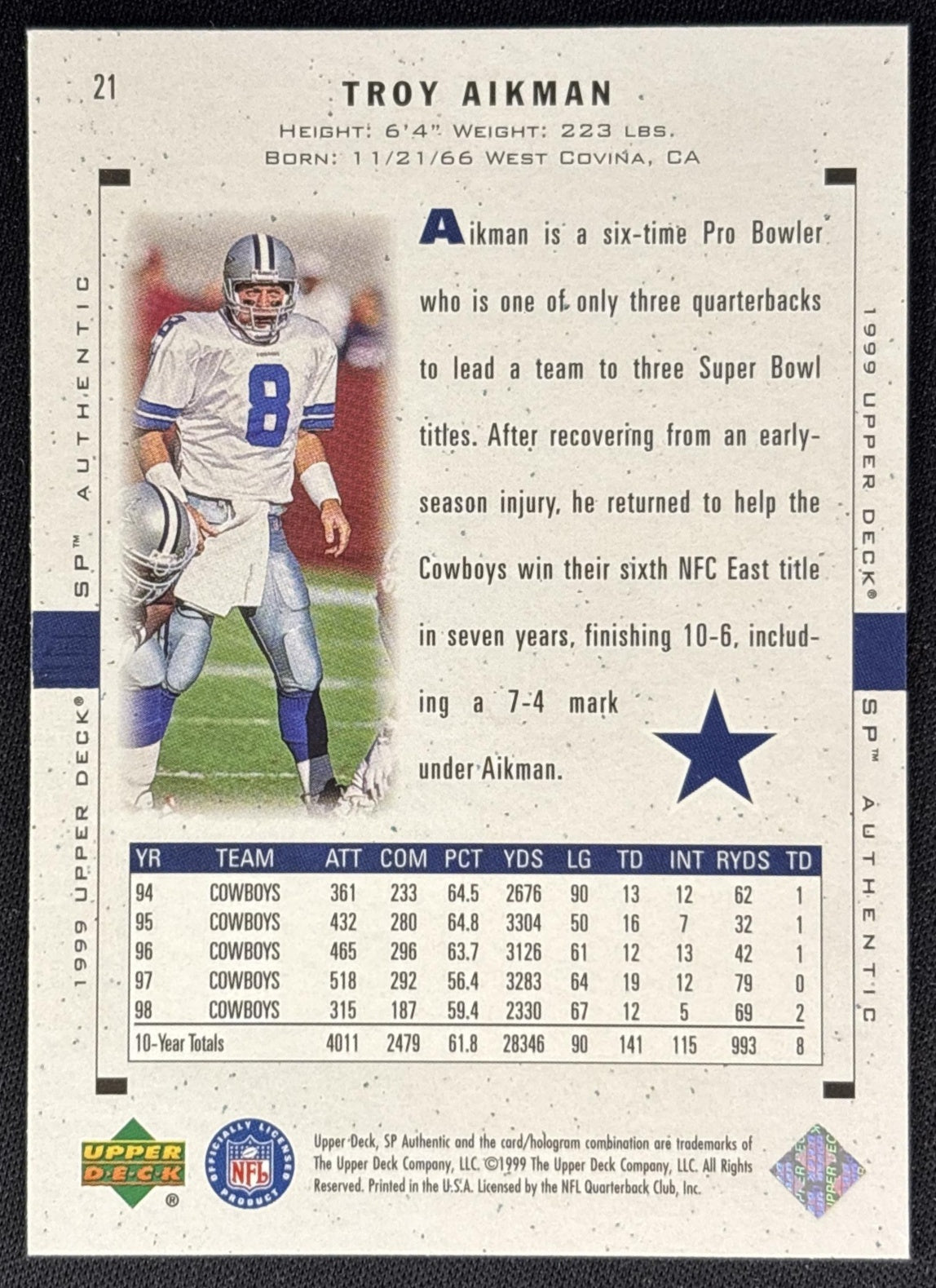 Troy Aikman 1999 SP Authentic Cowboys Sports Trading Cards