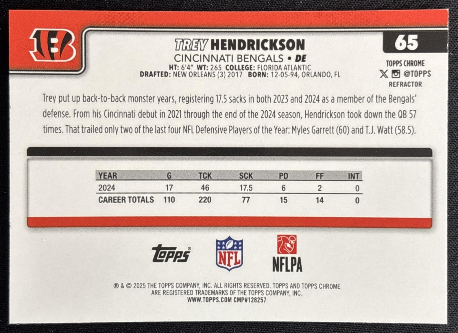 Trey Hendrickson 2025 Topps Chrome Refractor Bengals Sports Trading Cards