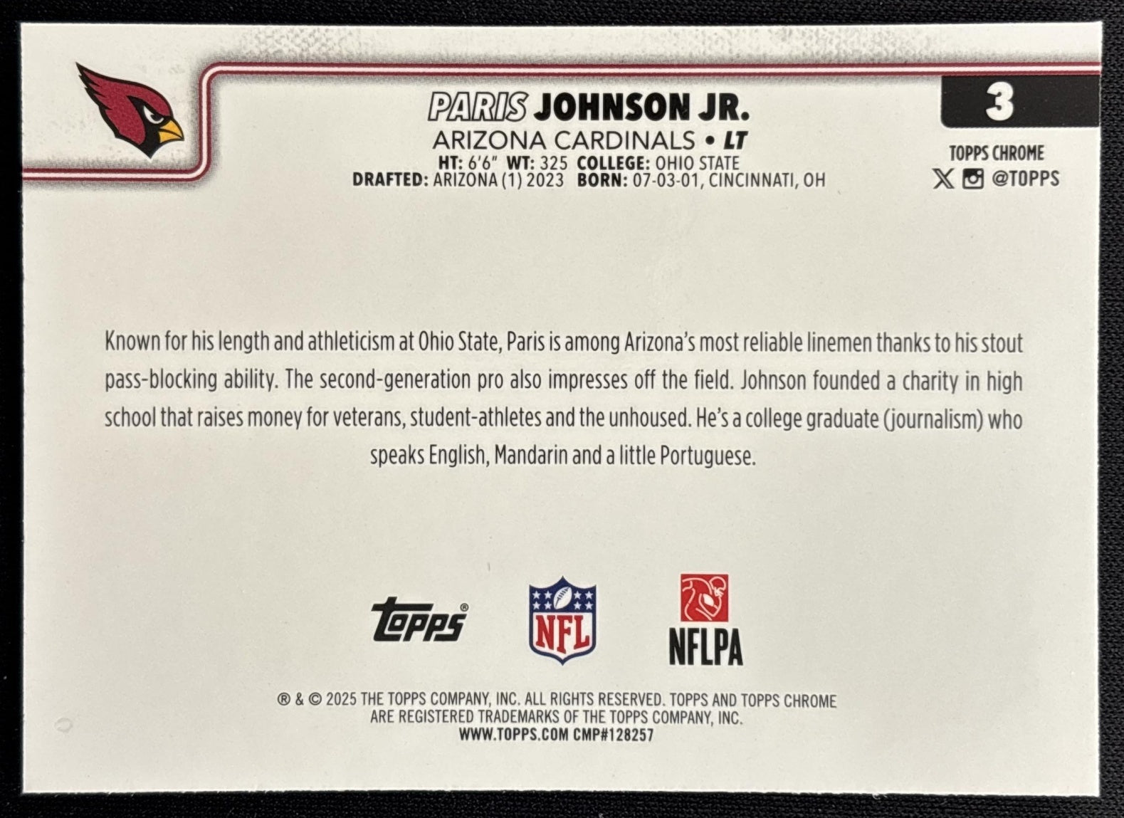 Paris Johnson Jr. 2025 Topps Chrome Neon Pulse Refractor Cardinals Sports Trading Card