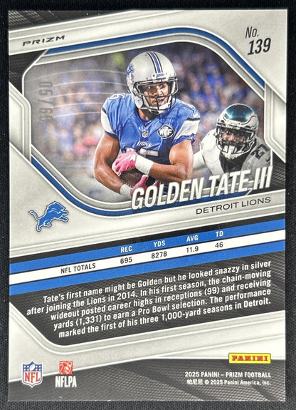 Golden Tate III 2025 Panini Prizm Orange Wave /65 Lions Back