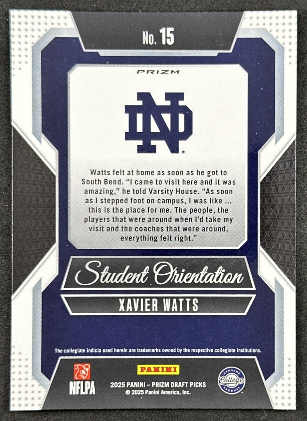 Xavier Watts 2025 Prizm Draft Picks Student Orientation Red Ice Fighting Irish Falcons - Back