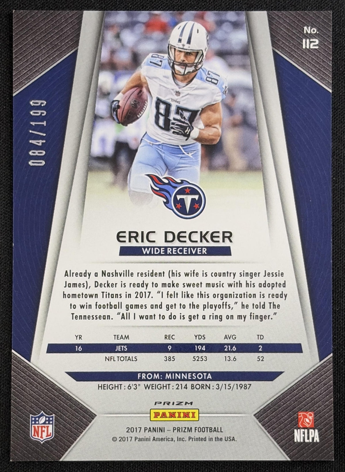 Eric Decker 2017 Panini Prizm Light Blue /199 Titans