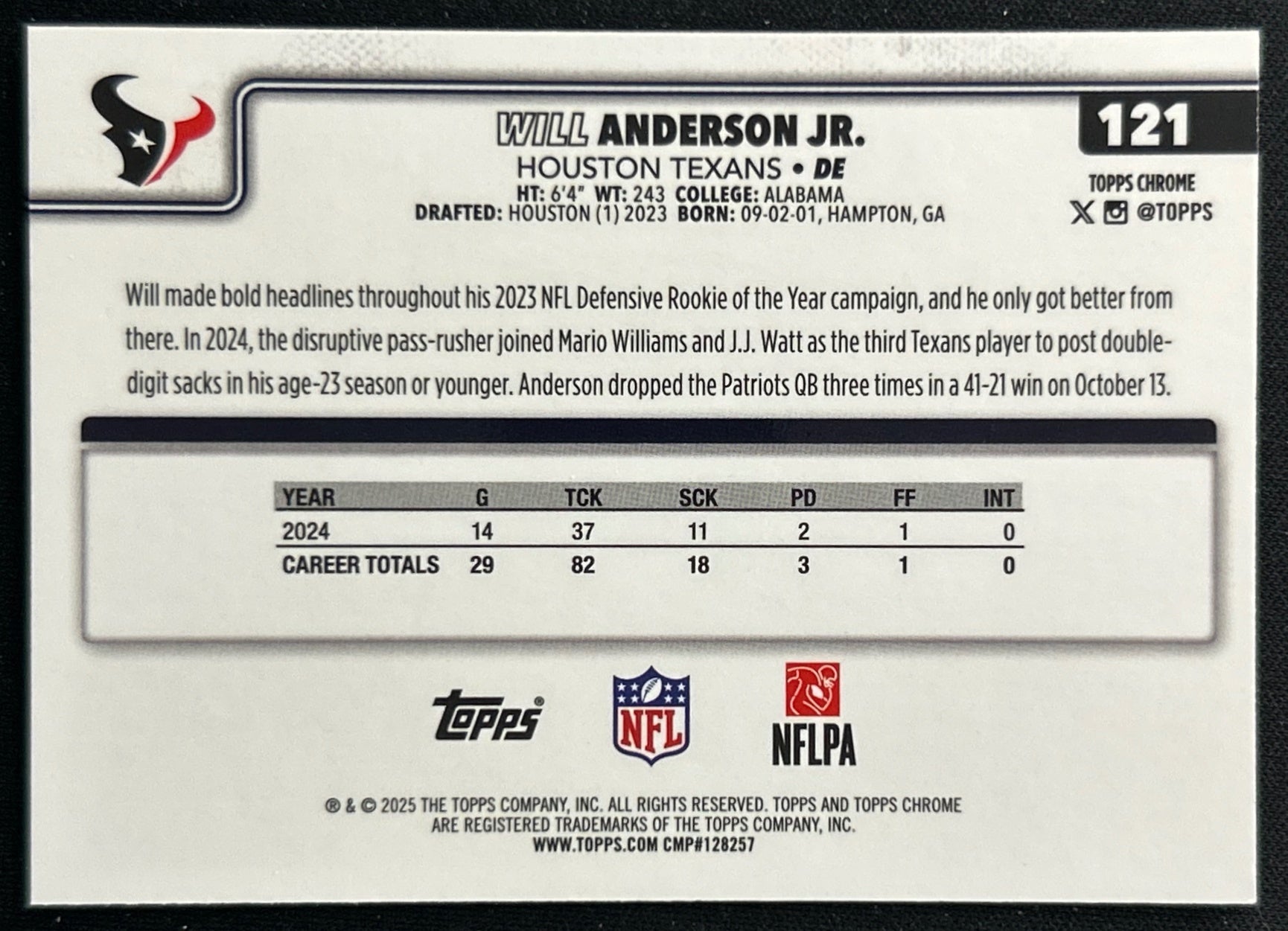 Will Anderson Jr. 2025 Topps Chrome Texans Sports Trading Cards