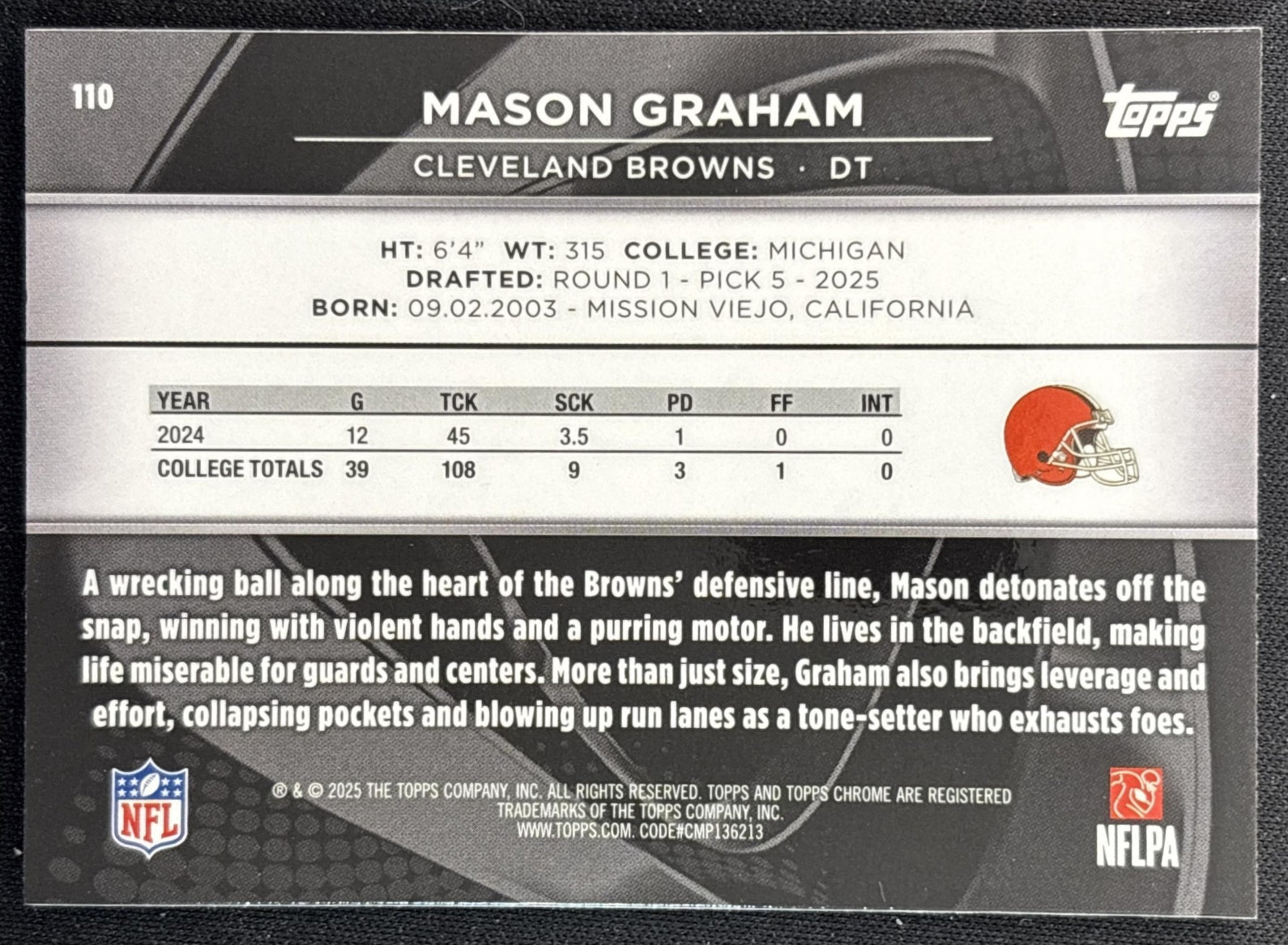 Mason Graham 2025 Topps Chrome Black Browns back
