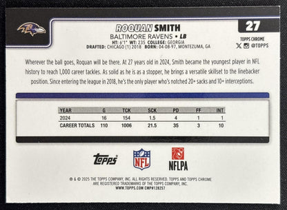 Roquan Smith 2025 Topps Chrome Football Leather Green Refractor /99 Ravens back