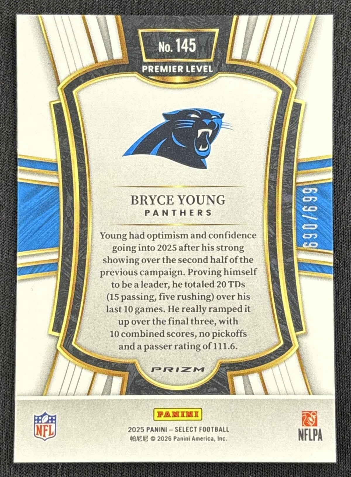Bryce Young 2025 Panini Select Premier Level Purple Prizm Shock /699 Panthers