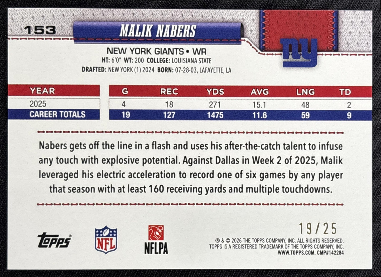 Malik Nabers 2026 Topps Sandglitter Orange /25 Giants - back