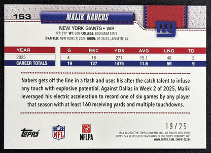 Malik Nabers 2026 Topps Sandglitter Orange /25 Giants - back