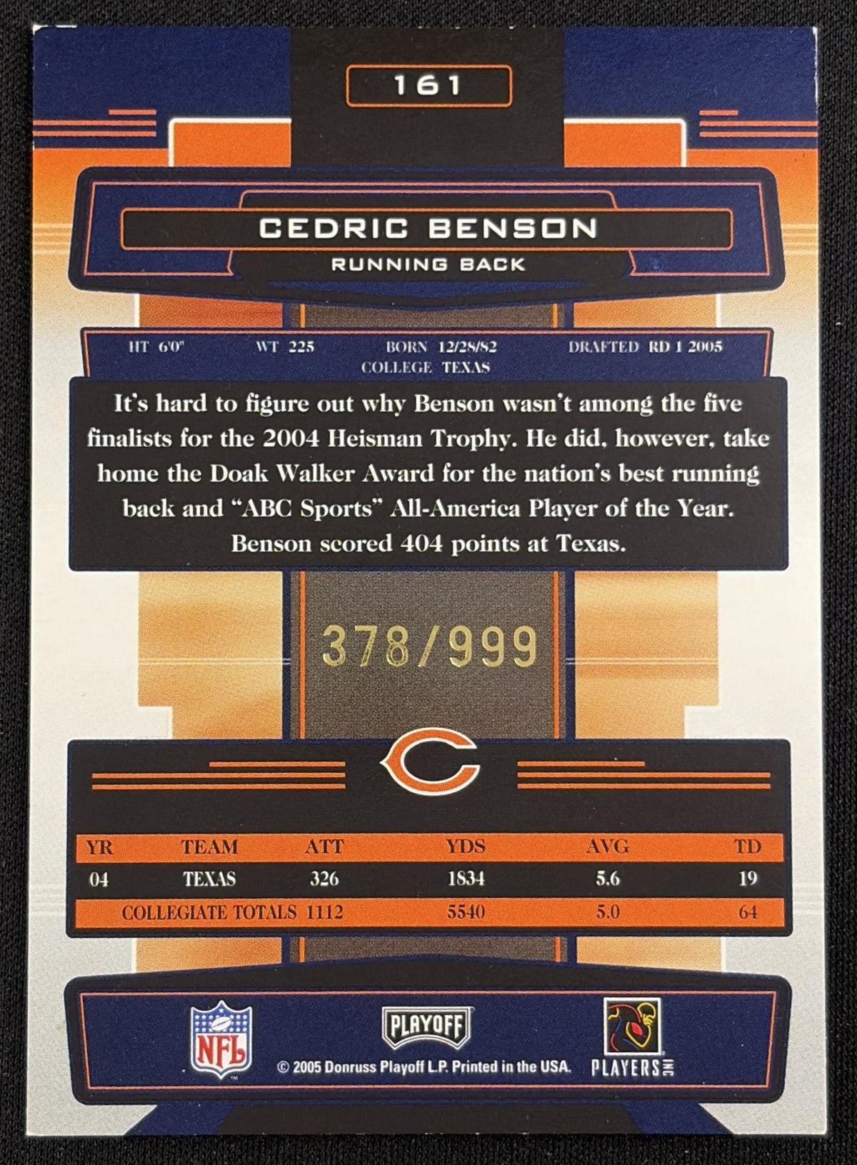 Cedric Benson 2005 Playoff Absolute Memorabilia /999 Bears - back