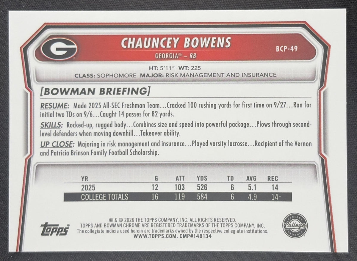 Chauncey Bowens 2026 Bowman Chrome Prospects Mojo Refractor Bulldogs