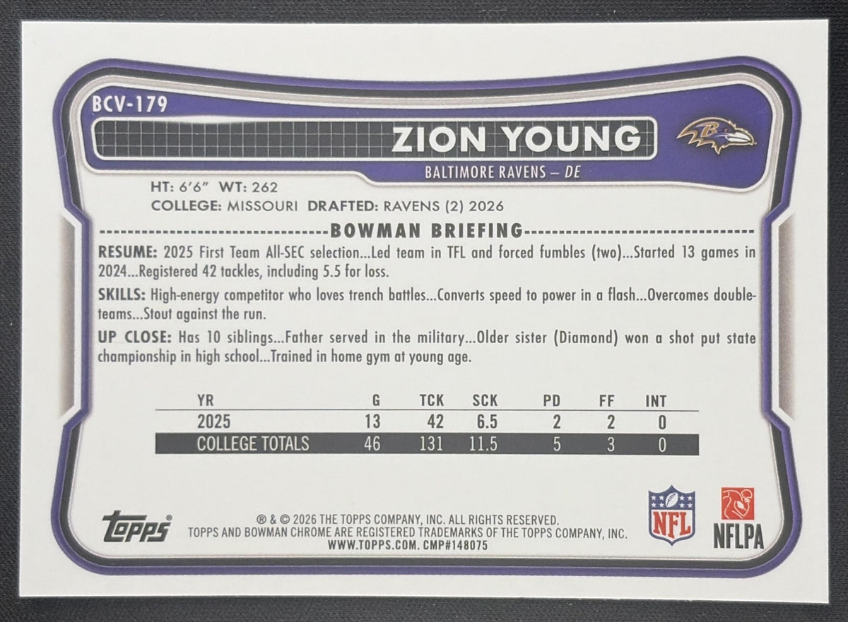 Zion Young 2026 Bowman Chrome NFL Speckle Refractor Ravens Sports Trading Card
