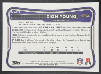 Zion Young 2026 Bowman Chrome NFL Speckle Refractor Ravens Sports Trading Card