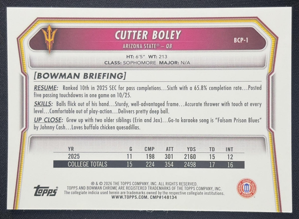 Cutter Boley 2026 Bowman Chrome Prospects Mojo Refractor Sun Devils