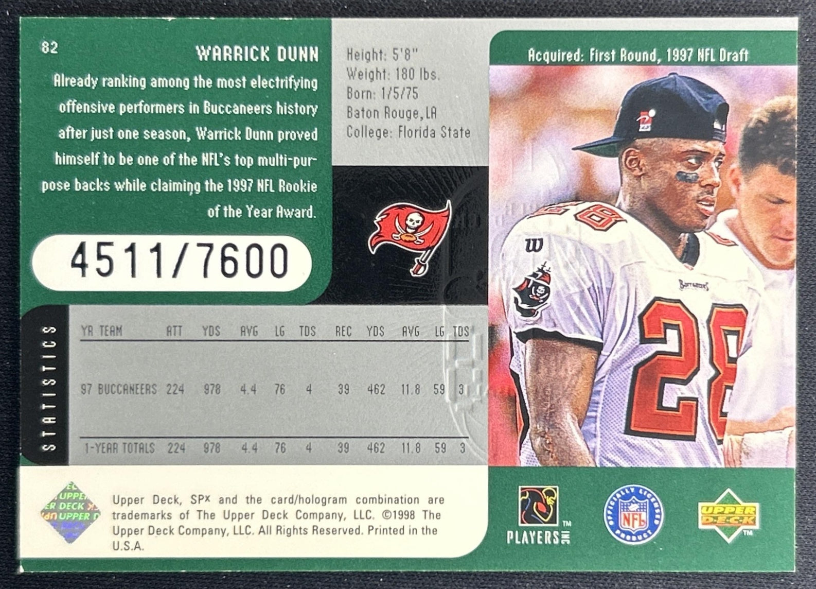 Warrick Dunn 1998 SPx Finite /7600 Buccaneers back