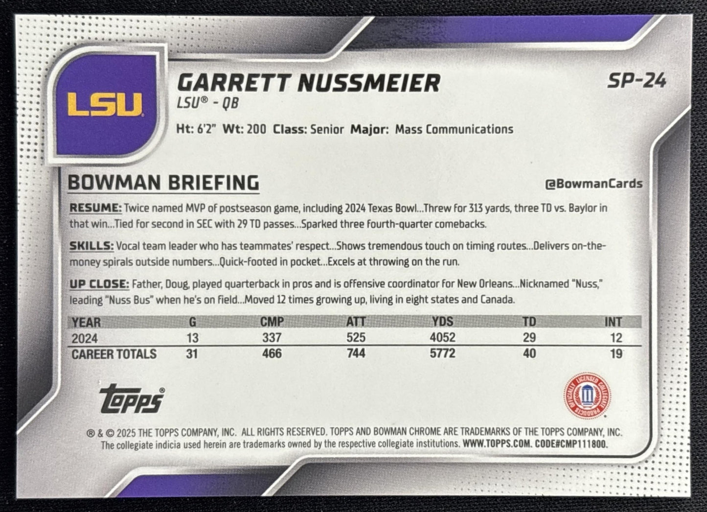 Garrett Nussmeier 2025 Chrome University Prospect Short Print Image Variation Tigers Sports Trading Cards