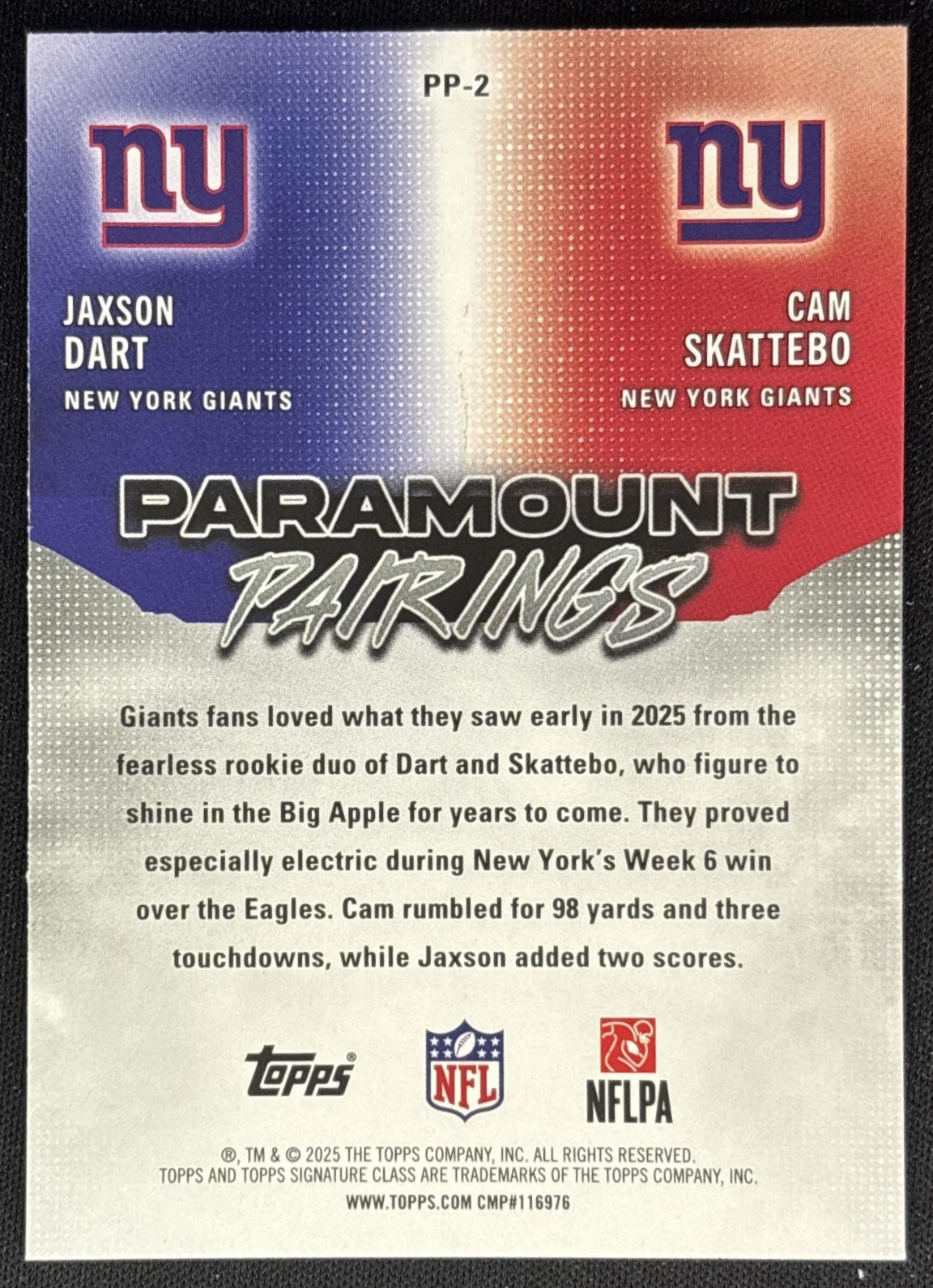 Cam Skattebo Jaxson Dart 2025 Topps Signature Class Paramount Pairings Giants back