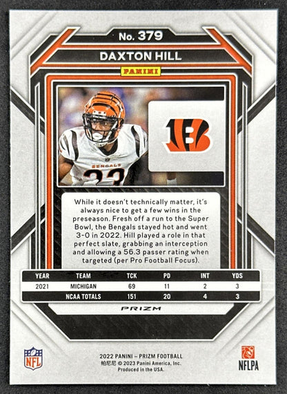Daxton Hill 2022 Panini Prizm Green Rookie Bengals back sports trading card