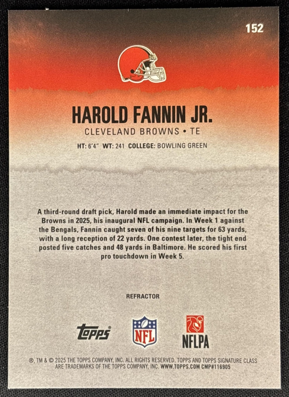 Harold Fannin Jr. 2025 Signature Class Chrome Rookie White Refractor Browns back