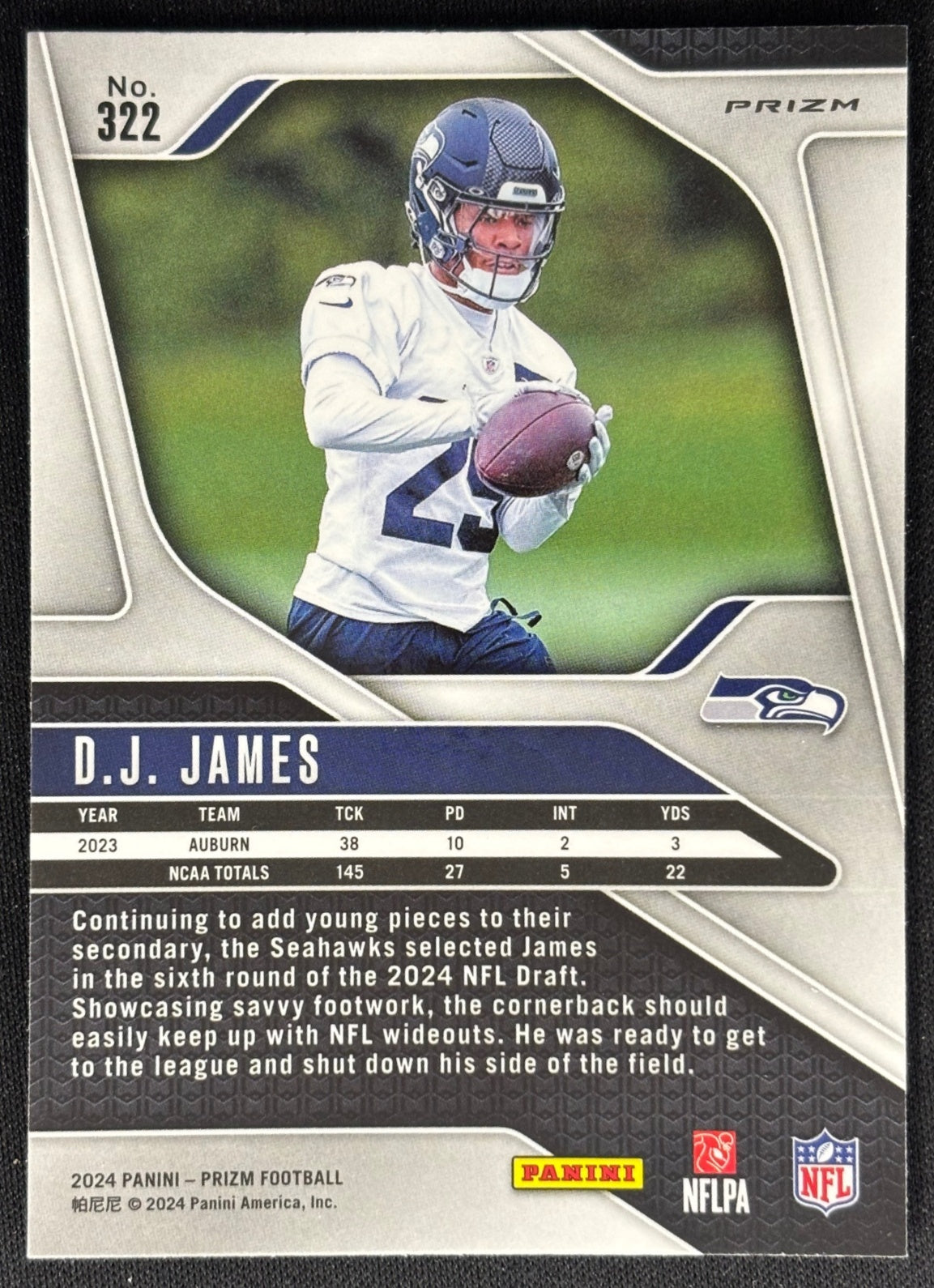 D.J. James 2024 Prizm Lazer Seahawks Sports Trading Card