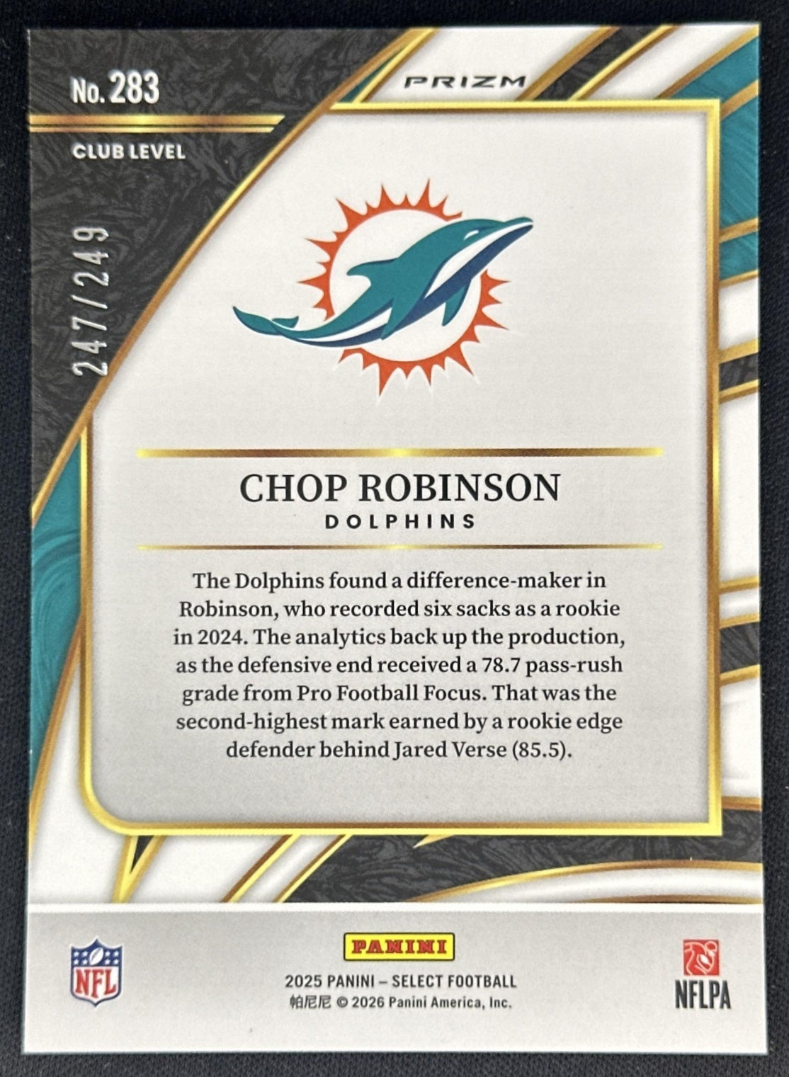 Chop Robinson 2025 Panini Select Club Level Tri-Color Prizm /249 Dolphins Sports Trading Cards