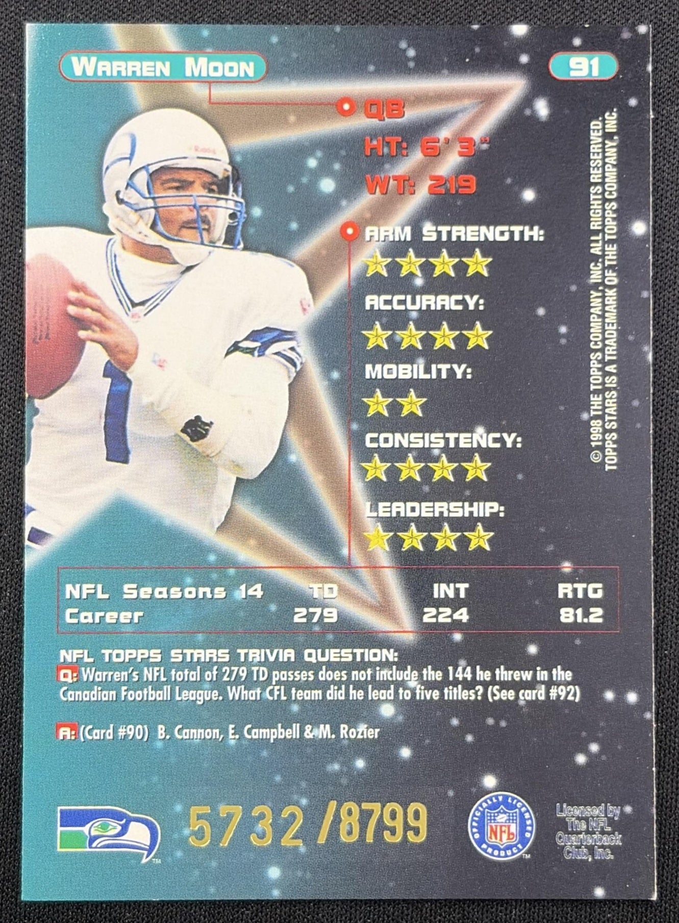 Warren Moon 1998 Topps Stars /8799 Seahawks back